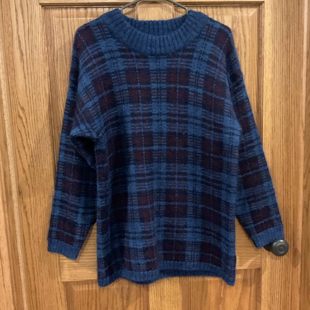 Maurices Plaid Cozy Oversized Sweater Blue Burgundy S